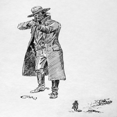 Russell Stage Robber Na Stage Robber Pointing A Shotgun The Vignette In The Right Corner Shows The Robber With A Treasure Box And A Dead Messenger As The Stagecoach Drives Off Drawing By Charles M Rus