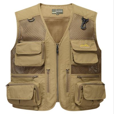 Flygo Men's Mesh Fishing Vest Multi-Pockets Quick-Dry Breathable Waistcoat for Outdoor Hunting Travels Sports (Medium, Khaki)
