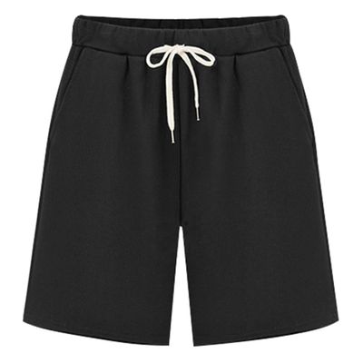 Fuwenni Women's Shorts for Summer Elastic Waist Casual Knee Length Bermuda Shorts with Drawstring Black US 6-8/Asia 2XL
