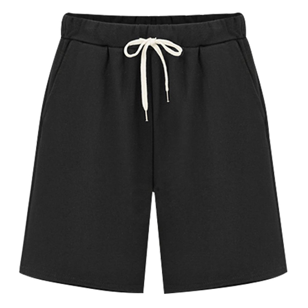 Fuwenni Women's Shorts for Summer Elastic Waist Casual Knee Length Bermuda Shorts with Drawstring Black US 6-8/Asia 2XL