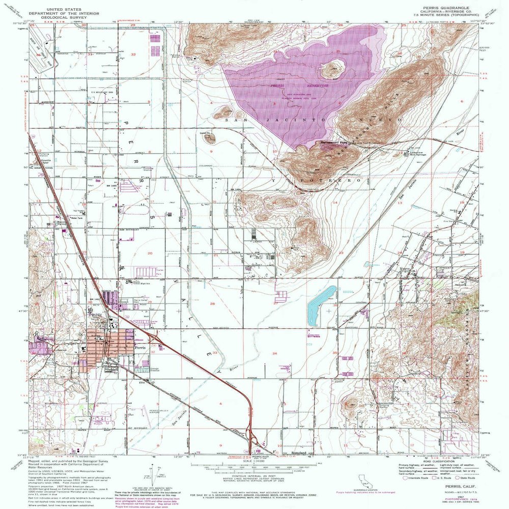 YellowMaps Perris CA topo map, 1:24000 Scale, 7.5 X 7.5 Minute, Historical, 1967, Updated 1980, 26.8 x 21.5 in - Tyvek