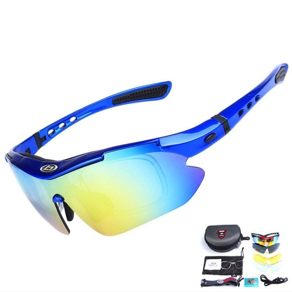 Runworld Polarized Sports Sunglasses UV400 Protection Cycling Glasses with 5 Interchangeable Lenses for Cycling, Baseball,Fishing, Ski Running,Golf (Blue)