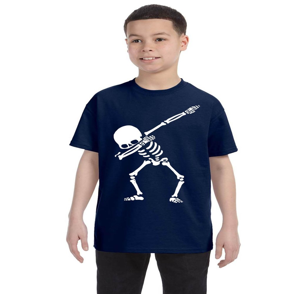 ALLNTRENDS Kids Youth T Shirt Dabbing Skeleton Cool Hip Hop Dab Skull Shirt Gift (M, Navy Blue)