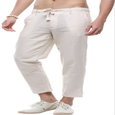 chouyatou Men's Casual Drawstring Straight Fit Beach Linen Capri Pants (Small, Khaki)