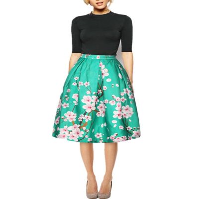 Women's Digital Print High Waisted A-Line Pleated Vintage Midi Skirts Style 10