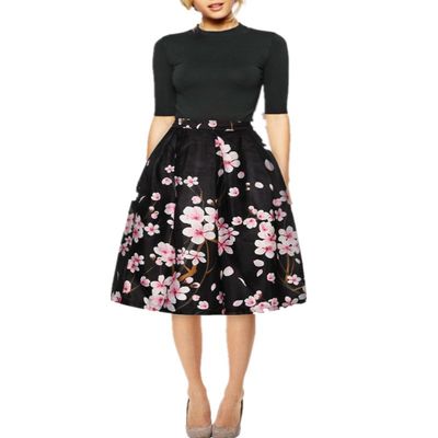 Women's Digital Print High Waisted A-Line Pleated Vintage Midi Skirts
