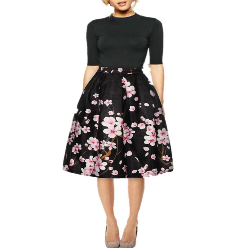 Women's Digital Print High Waisted A-Line Pleated Vintage Midi Skirts