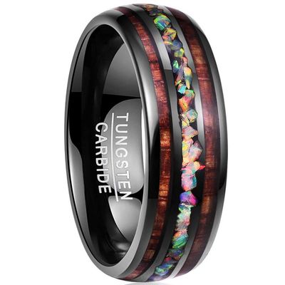 NUNCAD 8mm Crushed Fire Opal and Hawaiian Koa Wood Inlay Tungsten Carbide Wedding Bands for Men Women Fit Size 12