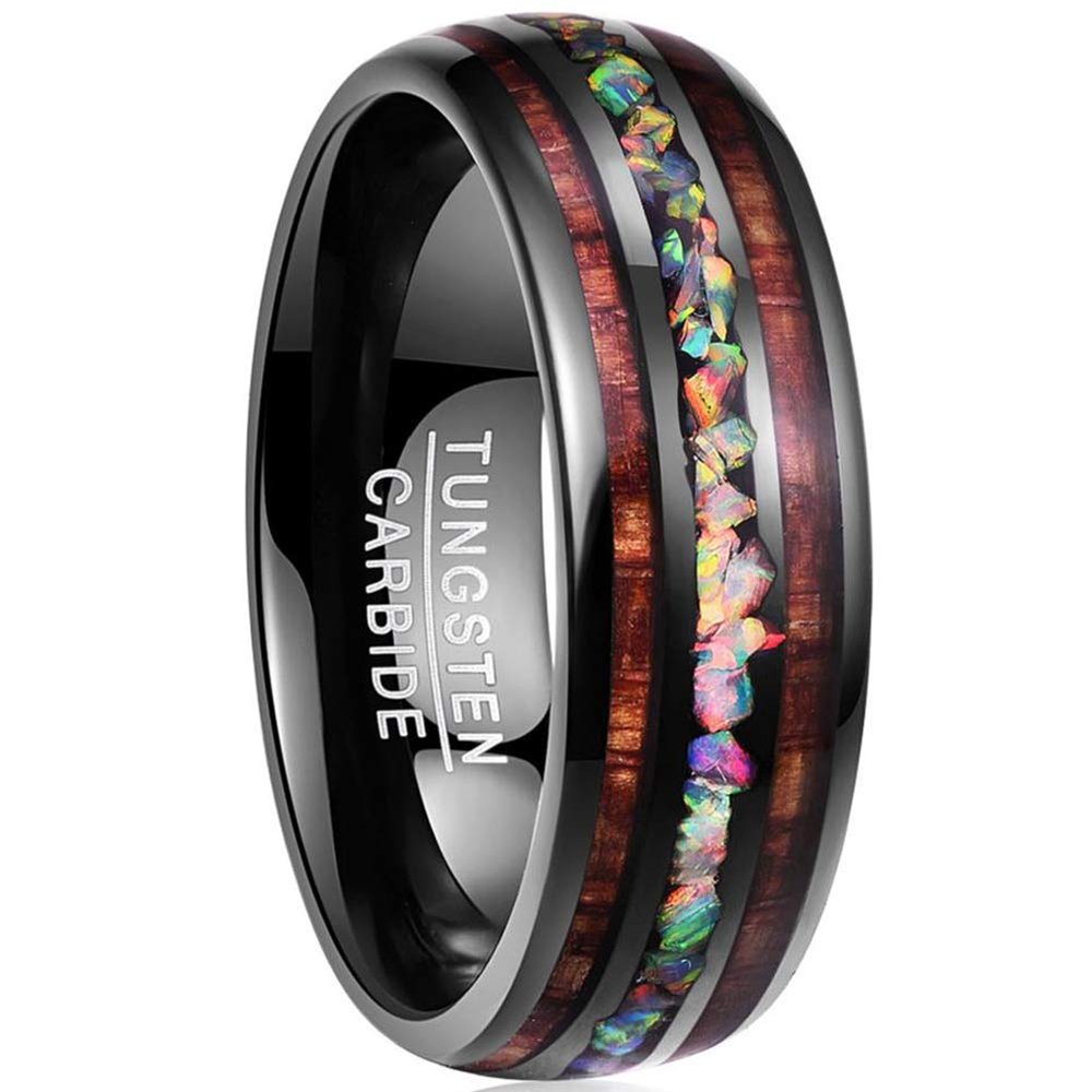 NUNCAD 8mm Crushed Fire Opal and Hawaiian Koa Wood Inlay Tungsten Carbide Wedding Bands for Men Women Fit Size 12