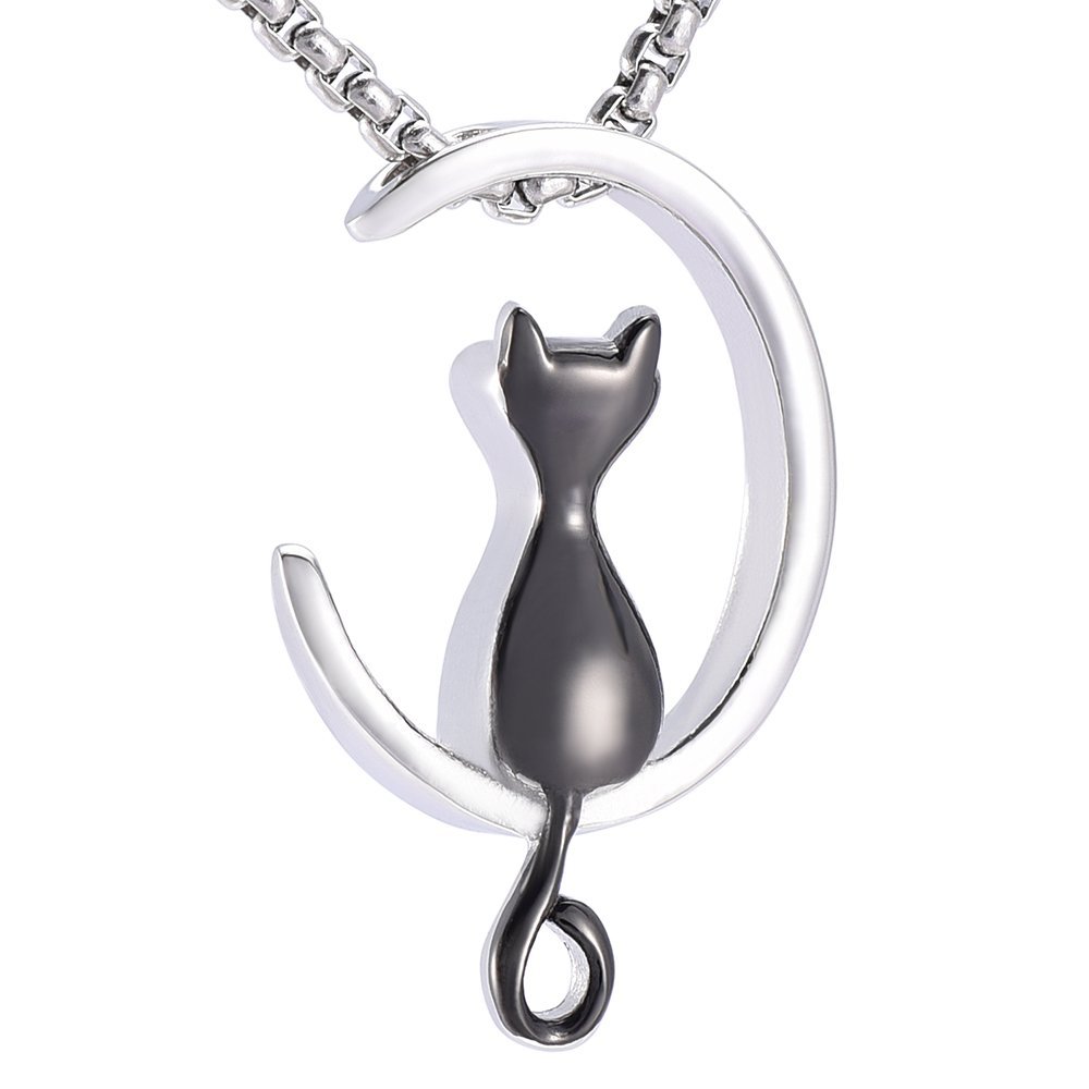Oinsi Pet Remembrance Jewelry - Lovely Cat Stainless Steel Cremation Urn Necklace for Ashes (Black)