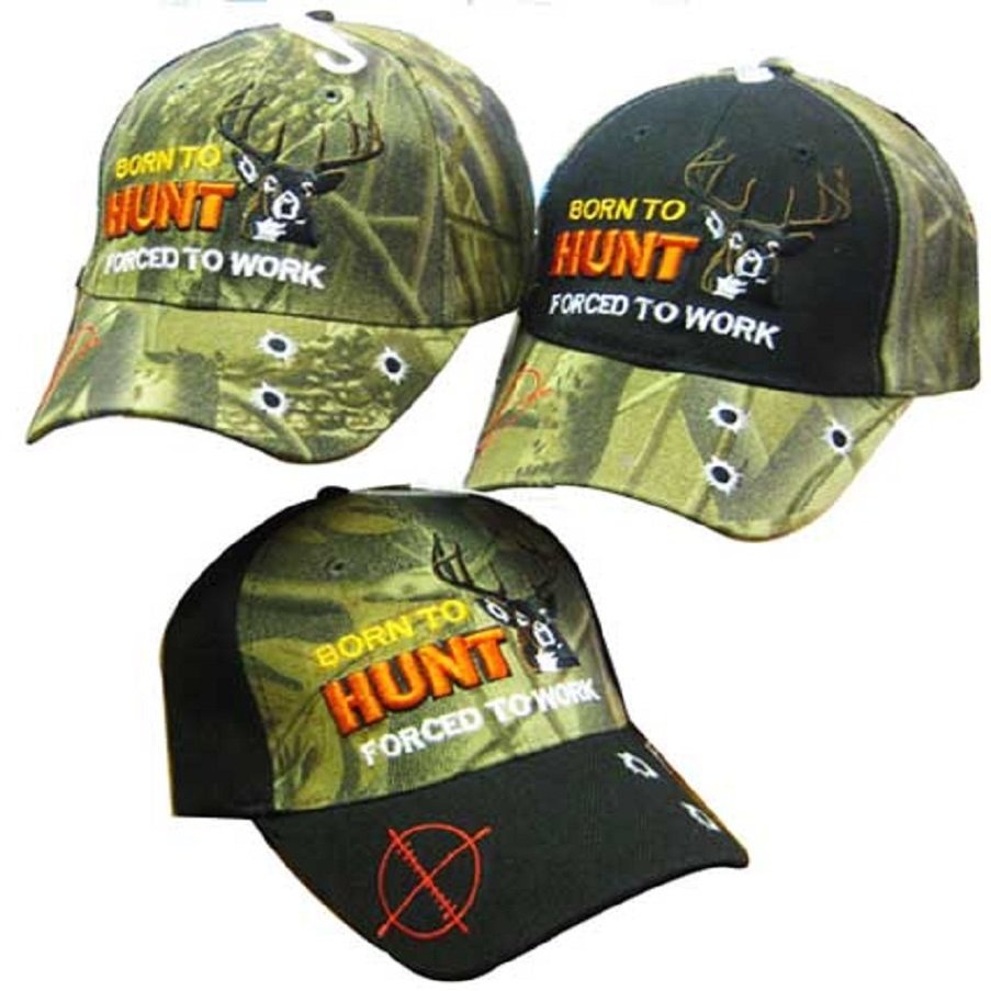 AES Born to Hunt Forced to Work Deer Hunting Black Bill Embroidered Cap Hat (TOPW)