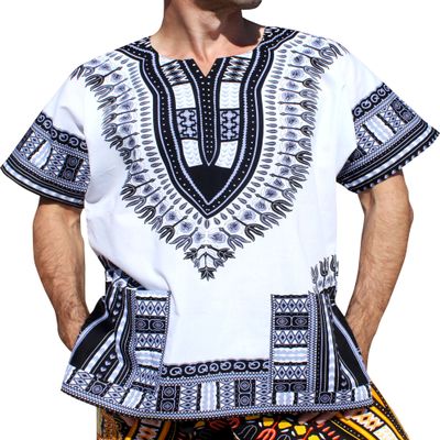 RaanPahMuang Traditional African Dashiki Shirt in Light Thin Grade Batik Cotton, 7X-Large, White Black