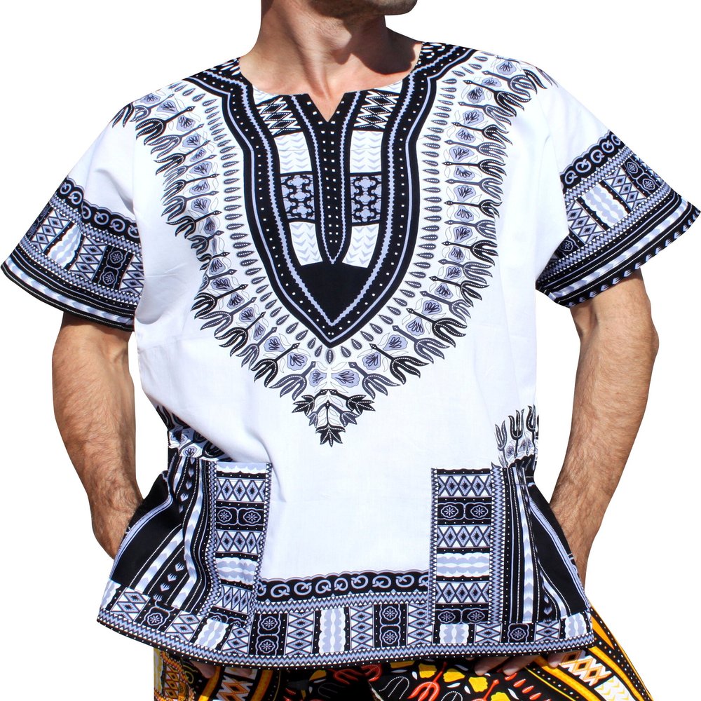 RaanPahMuang Traditional African Dashiki Shirt in Light Thin Grade Batik Cotton, 7X-Large, White Black