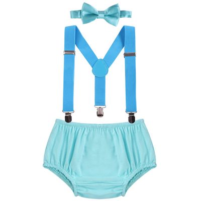 Baby Boys Cake Smash Clothes Diaper Suspenders Pants Bow Tie 3PCS Set First 1st 2nd Birthday Outfit for Photo Prop Party Light Blue + Blue 3-24 Months