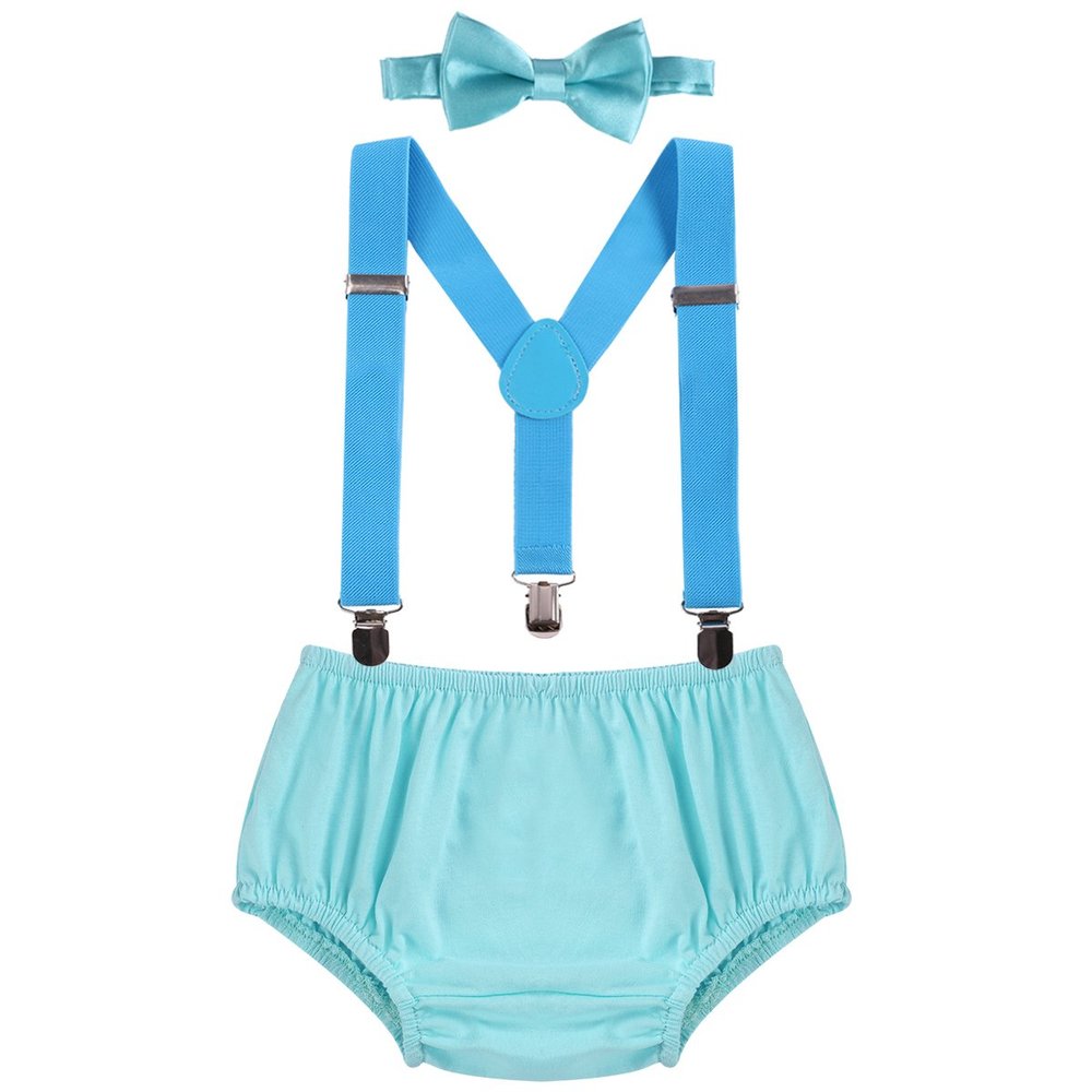 Baby Boys Cake Smash Clothes Diaper Suspenders Pants Bow Tie 3PCS Set First 1st 2nd Birthday Outfit for Photo Prop Party Light Blue + Blue 3-24 Months