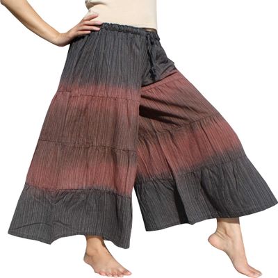 RaanPahMuang Wide Leg Stepped Stitch Layed Striped Cotton Inked Ladies Pants, Small, Dark Brown