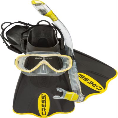Cressi Palau SAF Snorkeling Set - Yellow, M/L | US Man 8.5/11 | US Lady 9.5/12 - Tempered Glass Snorkel Mask & Dry-Top Snorkel - Open-Heel Adjustable Snorkeling Fins
