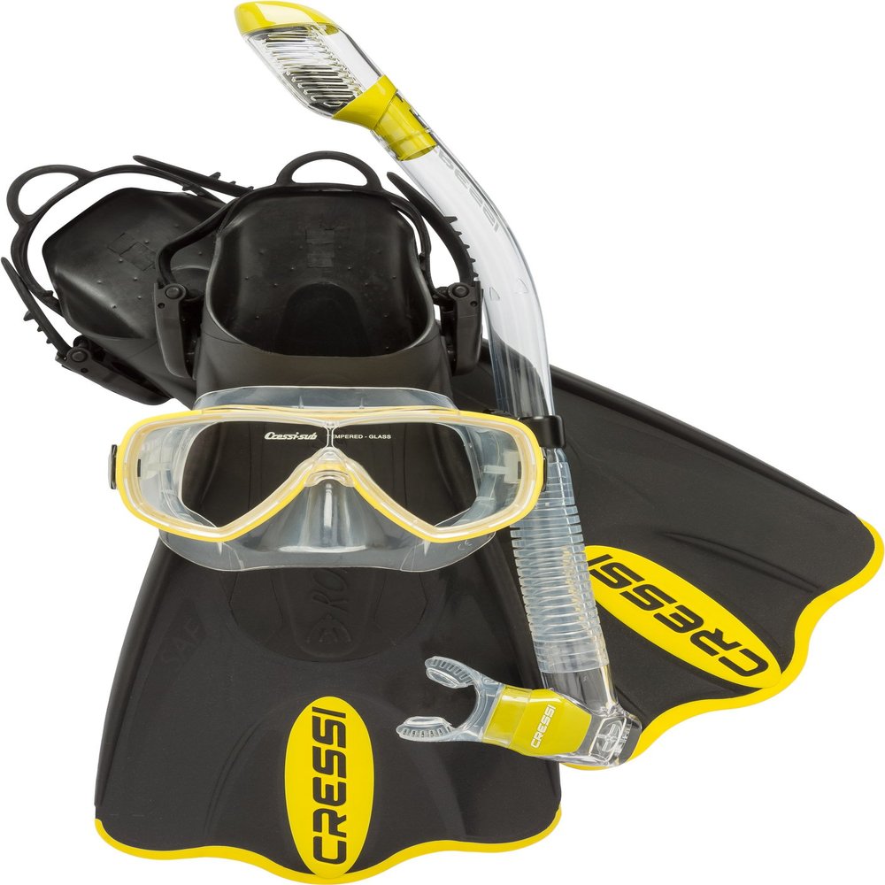 Cressi Palau SAF Snorkeling Set - Yellow, M/L | US Man 8.5/11 | US Lady 9.5/12 - Tempered Glass Snorkel Mask & Dry-Top Snorkel - Open-Heel Adjustable Snorkeling Fins