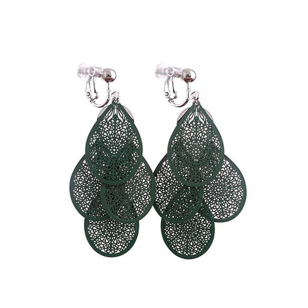 Grace Jun Handmade Multi-layer Clover Water Drop Shape Clip on Earrings No Pierced for Women (Green clip on)