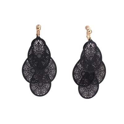 Grace Jun Handmade Multi-layer Clover Water Drop Shape Clip on Earrings No Pierced for Women (Black clip on)