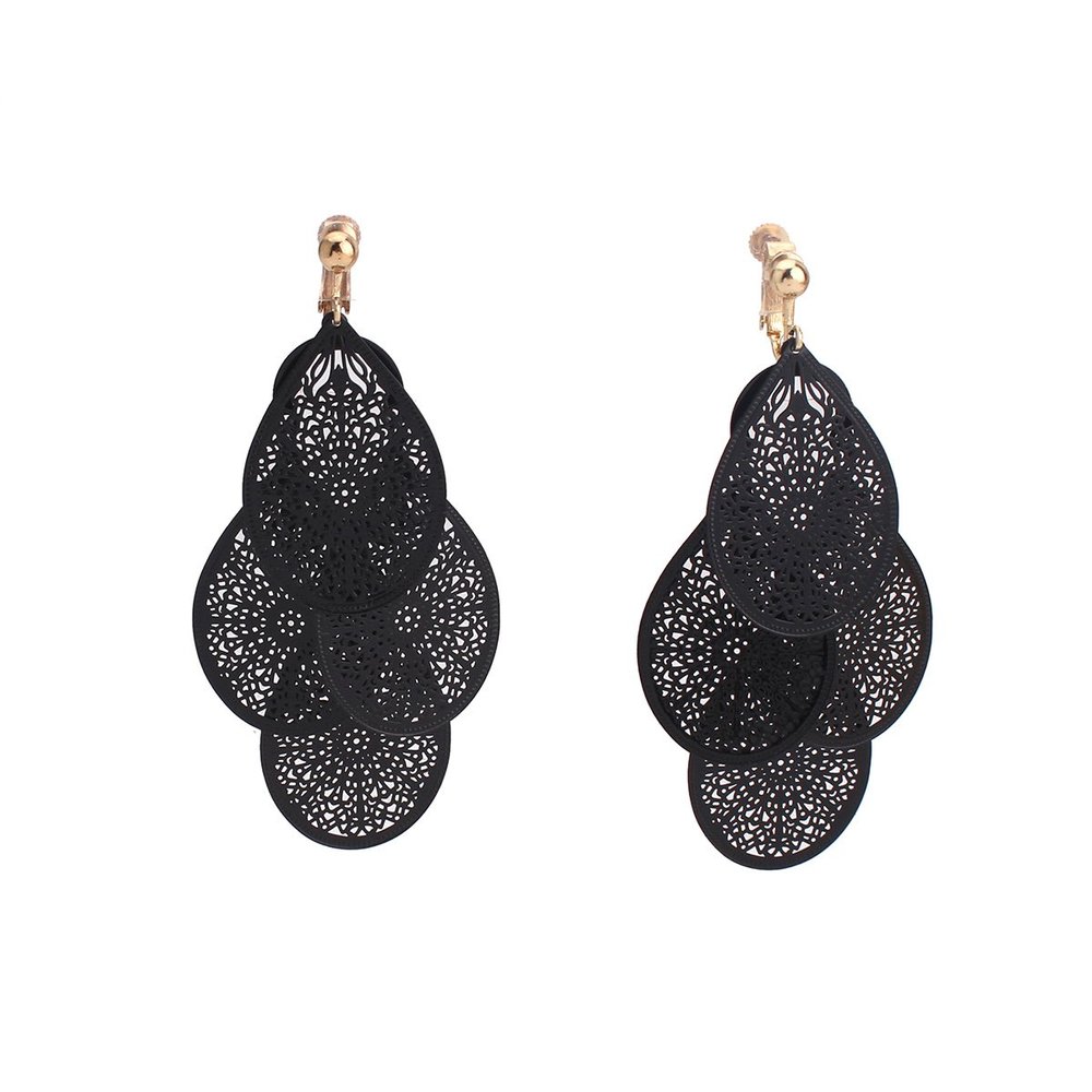 Grace Jun Handmade Multi-layer Clover Water Drop Shape Clip on Earrings No Pierced for Women (Black clip on)