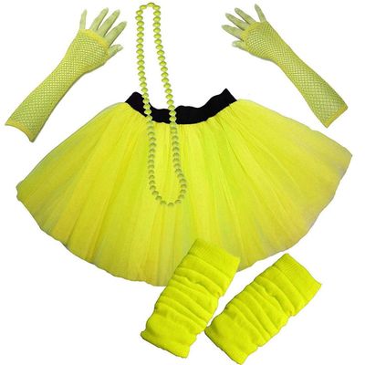 MA ONLINE Ladies Neon UV Long Fishnet Gloves Bead Leg Warmer Dance Wear 2 Layer Tutu Skirt Yellow US 4-10