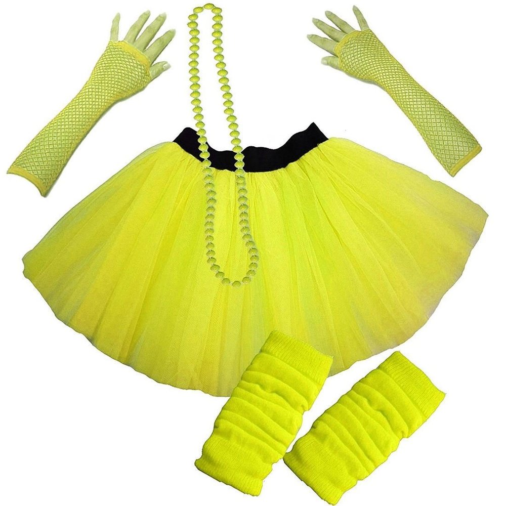 MA ONLINE Ladies Neon UV Long Fishnet Gloves Bead Leg Warmer Dance Wear 2 Layer Tutu Skirt Yellow US 4-10