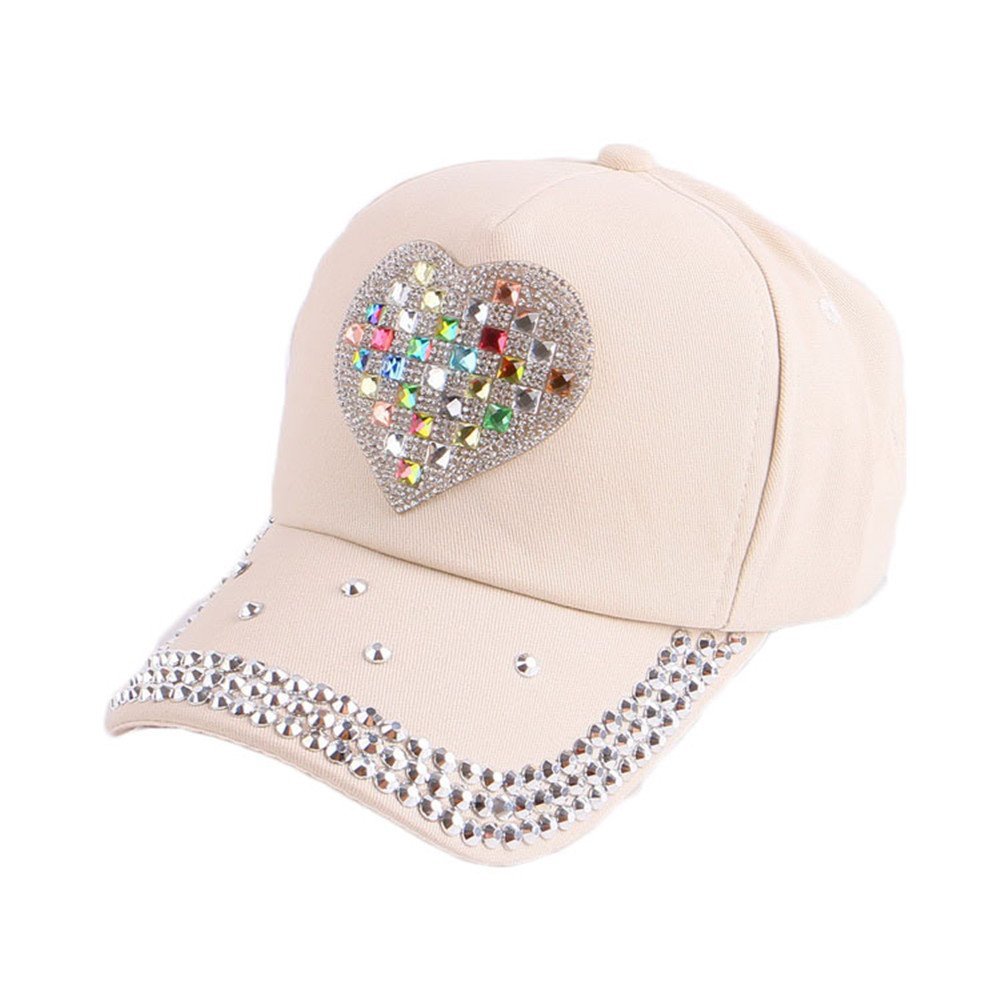 Girls Bling Rhinestone Baseball Cap Heart Shaped Snapback Sun Hat