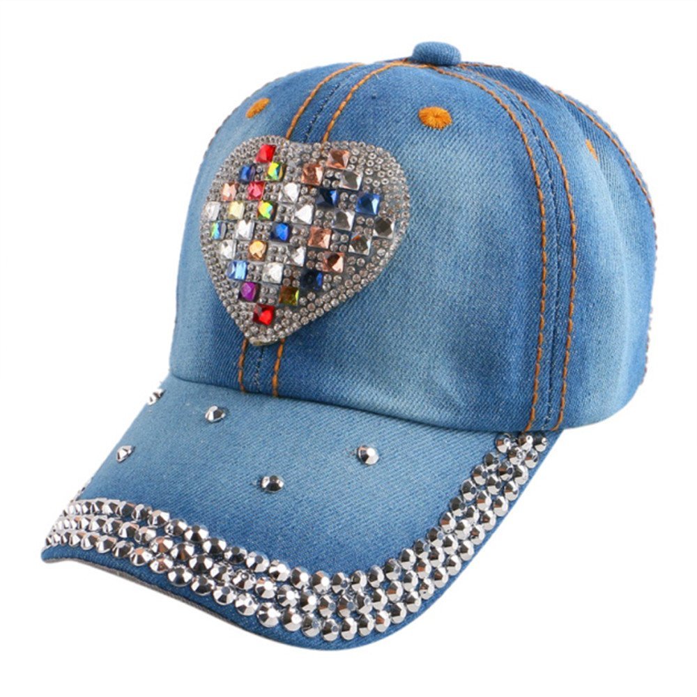 Girls Bling Rhinestone Baseball Cap Heart Shaped Snapback Sun Hat
