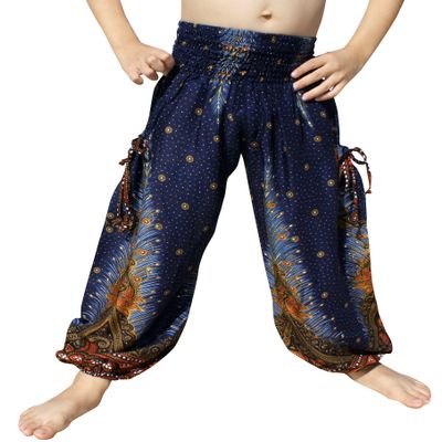 RaanPahMuang Smock Waist Baggy Arabian Viscose Rayon Pants with Two Tied Pockets, 1-3 Years, Peacock Blue