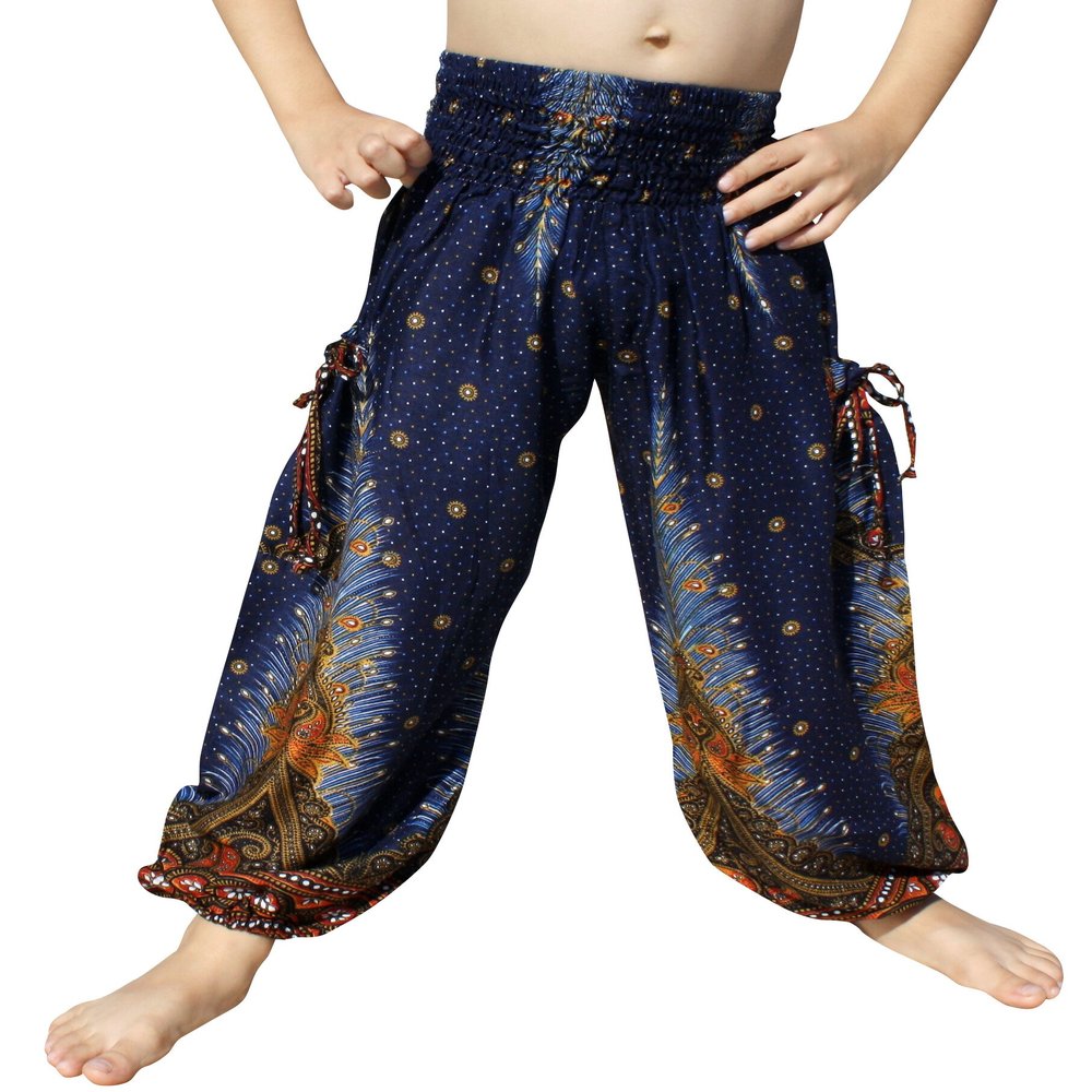 RaanPahMuang Smock Waist Baggy Arabian Viscose Rayon Pants with Two Tied Pockets, 1-3 Years, Peacock Blue