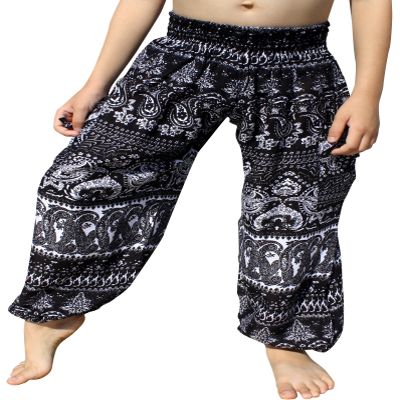 RaanPahMuang Smock Waist Baggy Arabian Viscose Rayon Pants with Two Tied Pockets, 3-6 Years, Paisley Black