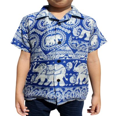 Full Funk Childrens Hawaiian Summer Smart Shirt Printed Rayon Asian Elephant Art, 10-12 Years, Elephant Zigzag Blue