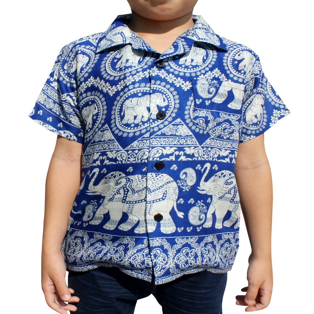 Full Funk Childrens Hawaiian Summer Smart Shirt Printed Rayon Asian Elephant Art, 10-12 Years, Elephant Zigzag Blue
