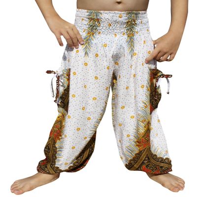 RaanPahMuang Smock Waist Baggy Arabian Viscose Rayon Pants with Two Tied Pockets, 1-3 Years, Peacock White