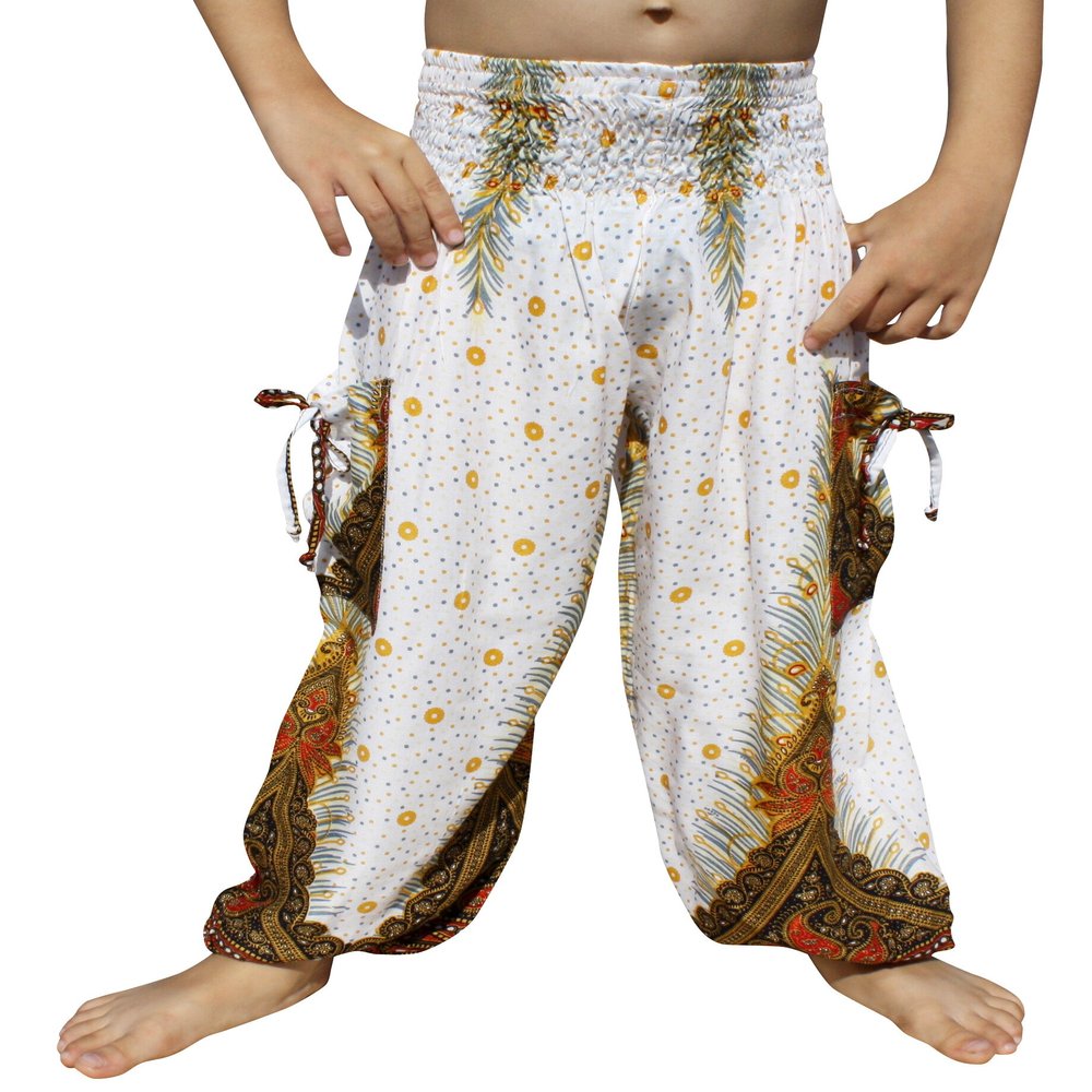 RaanPahMuang Smock Waist Baggy Arabian Viscose Rayon Pants with Two Tied Pockets, 1-3 Years, Peacock White