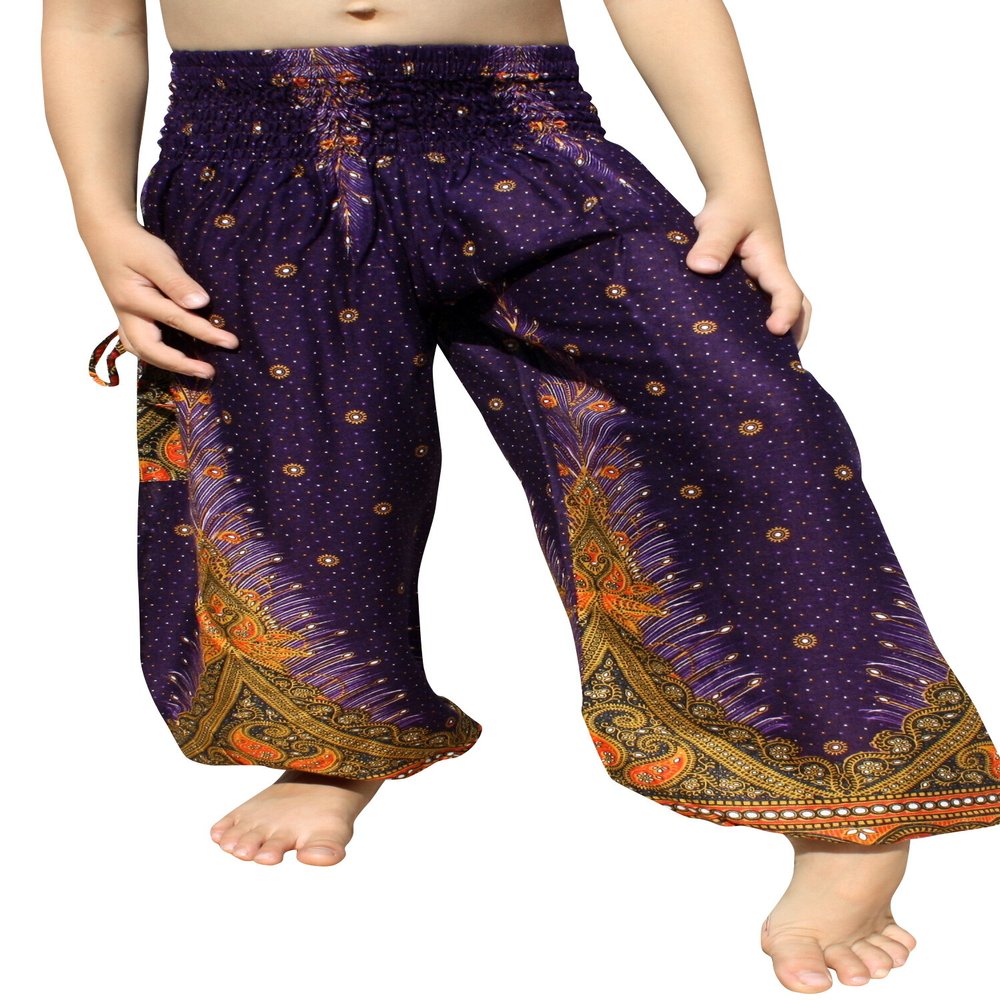RaanPahMuang Smock Waist Baggy Arabian Viscose Rayon Pants with Two Tied Pockets, 1-3 Years, Peacock Purple
