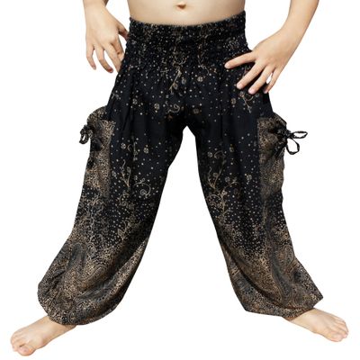 RaanPahMuang Smock Waist Baggy Arabian Viscose Rayon Pants with Two Tied Pockets, 1-3 Years, Foral Vine Black