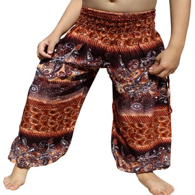 RaanPahMuang Smock Waist Baggy Arabian Viscose Rayon Pants with Two Tied Pockets, 3-6 Years, Paisley Brown
