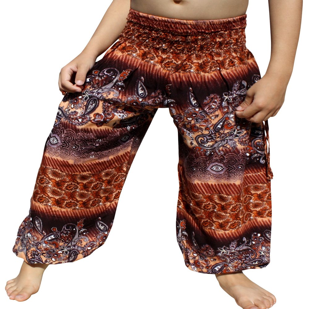 RaanPahMuang Smock Waist Baggy Arabian Viscose Rayon Pants with Two Tied Pockets, 3-6 Years, Paisley Brown