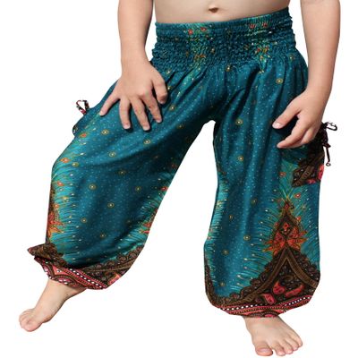 RaanPahMuang Smock Waist Baggy Arabian Viscose Rayon Pants with Two Tied Pockets, 1-3 Years, Peacock Teal Blue