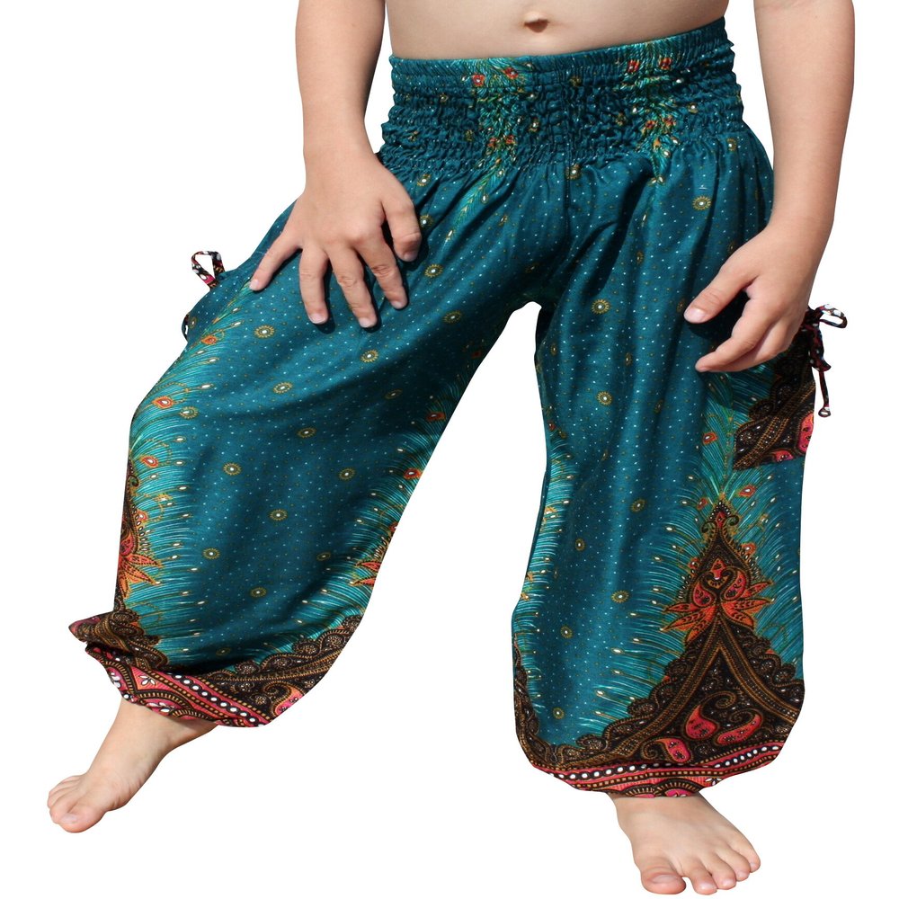 RaanPahMuang Smock Waist Baggy Arabian Viscose Rayon Pants with Two Tied Pockets, 1-3 Years, Peacock Teal Blue
