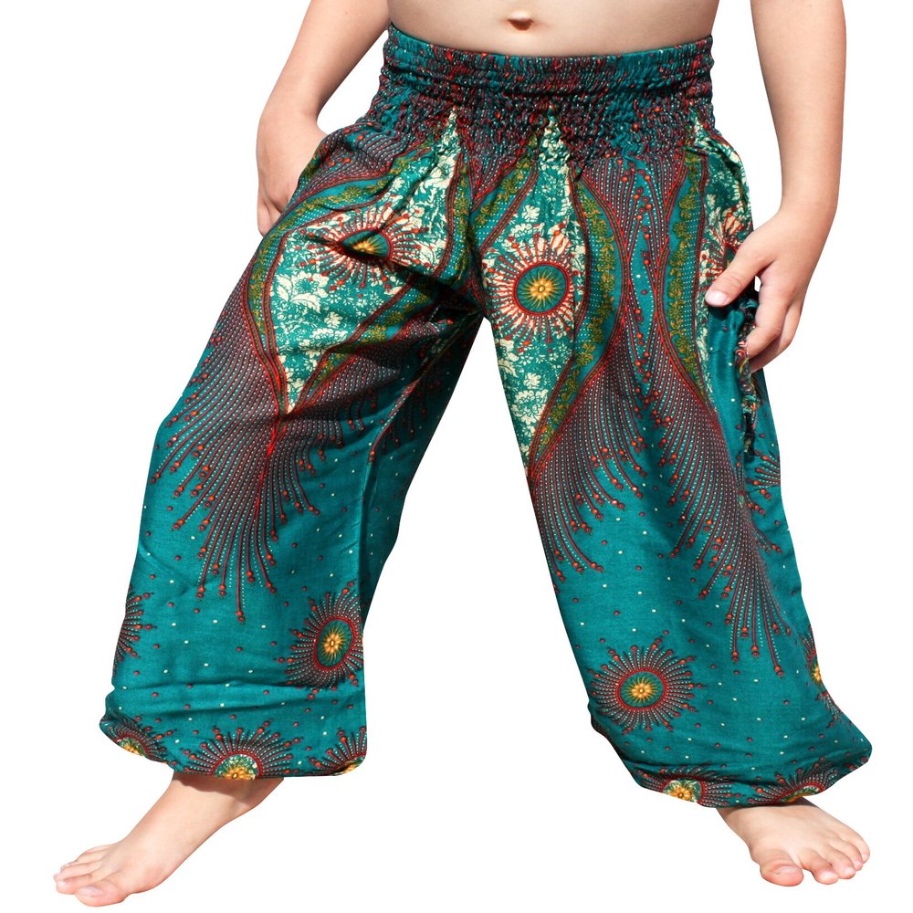 RaanPahMuang Smock Waist Baggy Arabian Viscose Rayon Pants with Two Tied Pockets, 3-6 Years, Eyes Teal Green