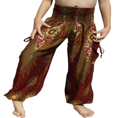 RaanPahMuang Smock Waist Baggy Arabian Viscose Rayon Pants with Two Tied Pockets, 3-6 Years, Eyes Umber Brown