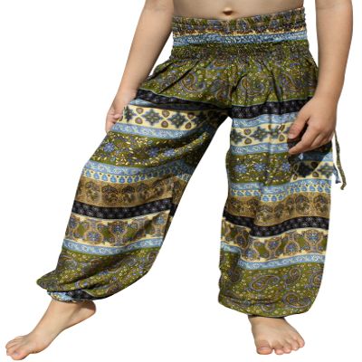 RaanPahMuang Smock Waist Baggy Arabian Viscose Rayon Pants with Two Tied Pockets, 1-3 Years, Paisley Green