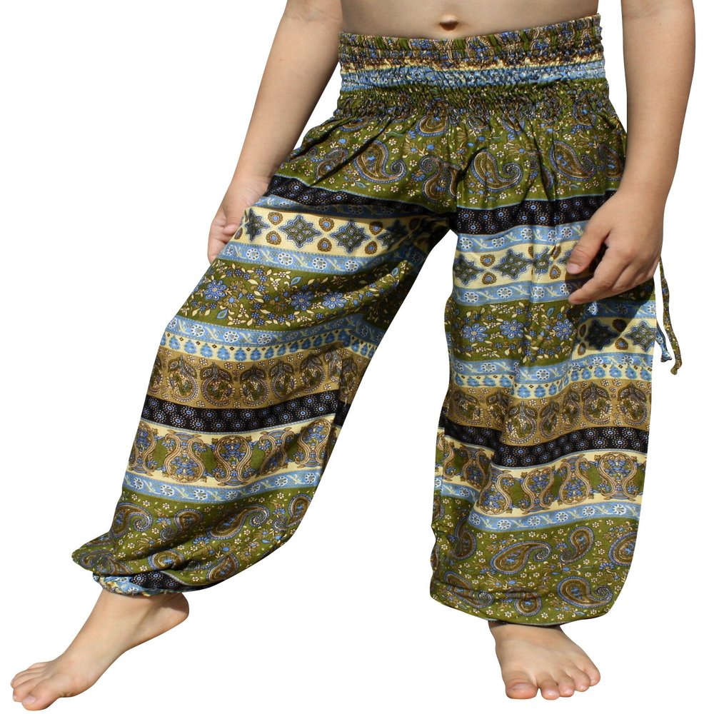 RaanPahMuang Smock Waist Baggy Arabian Viscose Rayon Pants with Two Tied Pockets, 1-3 Years, Paisley Green