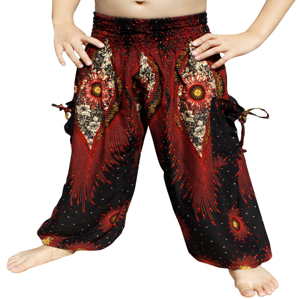 RaanPahMuang Smock Waist Baggy Arabian Viscose Rayon Pants with Two Tied Pockets, 3-6 Years, Eyes Black Red
