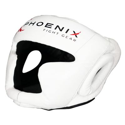 Flight Headgear w/Cheek and Chin Protection, Leather Sparring Headgear, Boxing, MMA, Muay Thai Kickboxing, Mixed Martial Arts, UFC (White, Small)