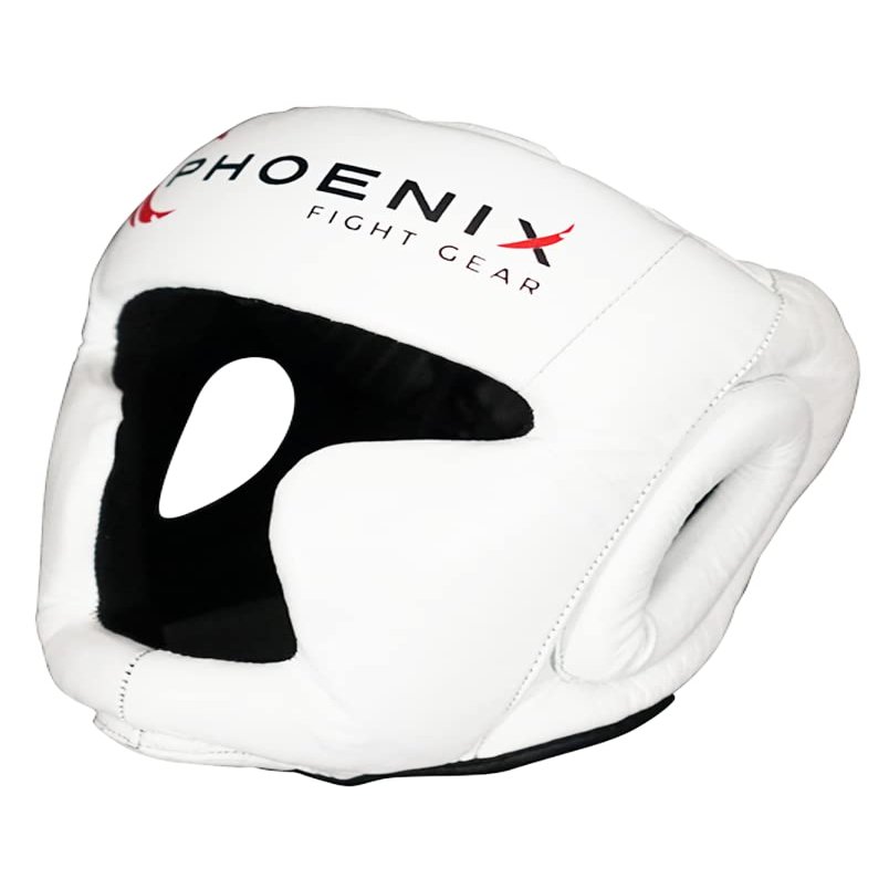 Flight Headgear w/Cheek and Chin Protection, Leather Sparring Headgear, Boxing, MMA, Muay Thai Kickboxing, Mixed Martial Arts, UFC (White, Small)