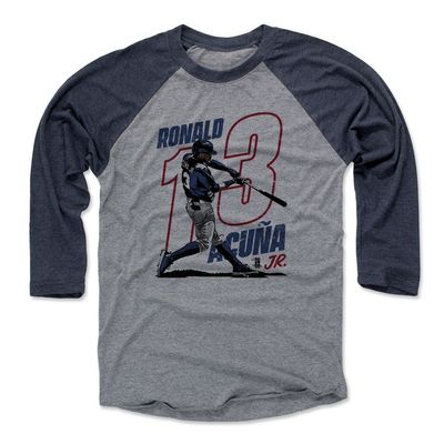500 LEVEL Ronald Acuna Jr. 3/4 Sleeve T-Shirt (Baseball Tee, X-Large, Navy/Heather Gray) - Ronald Acuna Jr. Power R